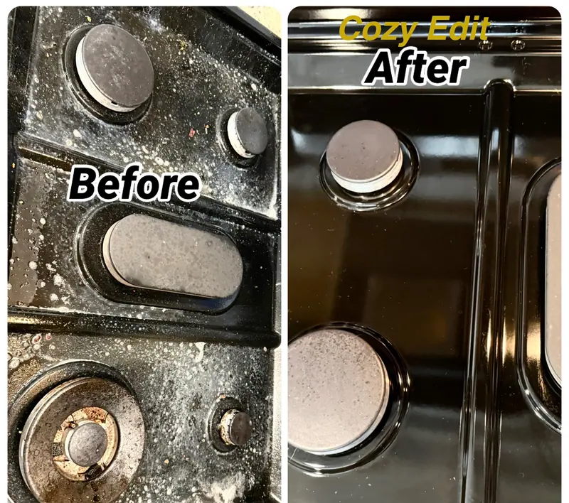 Before and after: a gas stovetop crusted with grease and spills, then wiped back to glossy black by The Cozy Edit
