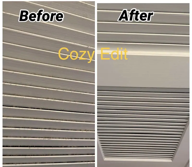 Before and after of a ceiling air vent, gray with dust before and bright white after cleaning